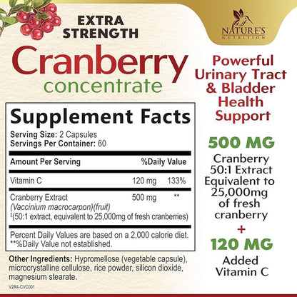 Cranberry Concentrate Extract Supplement for Women & Men + Vitamin C - 25,000mg Formula for Urinary Tract Health Support, Non-GMO and Gluten Free, Cranberry Pills Supplement - 120 Capsules