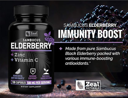 Zeal Naturals Max Strength Elderberry Capsules + Zinc + Vitamin C | 500mg for Immune System Support with Black Sambucus Elderberry | 100 Count | 3-in-1 Immune Support for Adults