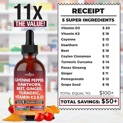 Cayenne Pepper Supplement Liquid Drops + Hawthorn Berry, Vitamin D3 K2 Beet Root Powder, Ceylon Cinnamon, Turmeric Curcumin, Organic Panax Ginseng - 2oz