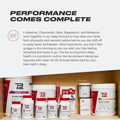 TB12 Sleep - Sleep Supplement with Magnesium, L-Theanine, Chamomile, GABA, and Melatonin to Fall Asleep Faster, Promote Relaxation, and Improve Sleep Quality. Stress and Mood Nightly Support