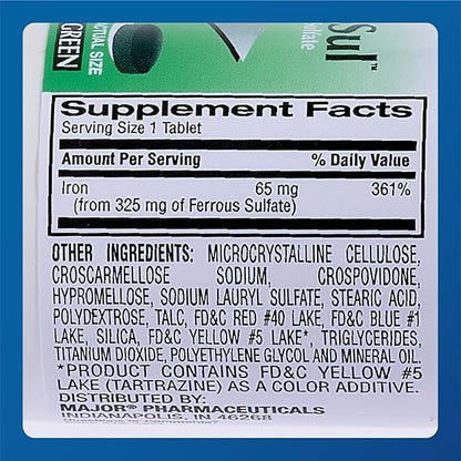 Major Ferosul - Ferrous Sulfate 325mg Tablets with 65mg of Elemental Iron - Iron Supplement for Women, Men - Green - 100 Tablets (3 Pack)
