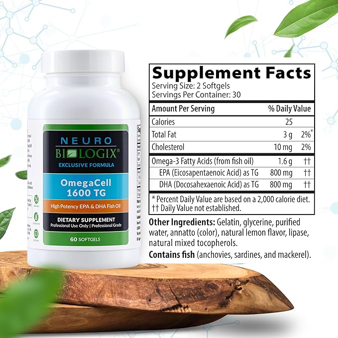 OmegaCell 1600 TG - High-Potency Omega 3 Supplement with 1:1 EPA & DHA Ratio - Premium, Sustainably Sourced Fish Oil from Norwegian Waters - Non-GMO & Gluten-Free Fish Oil Supplement - 60 Soft Gels