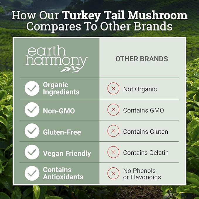 Earth Harmony Organic Turkey Tail Mushroom Capsules (1200mg Pure Extract) - Superfood Mushroom Supplement Helps Support Brain Health - Premium Powder Extract - 120 Capsules (2-Month Supply)