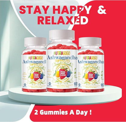 Ashwagandha Gummies & Vitamin D3 Gummy 120 Count - Organic Aswangdha Supplement for Improve Sleep, Stress Relief & Mood Calm(Mixed Berry,Vegan,Plant Based,Gluten-Free & Gelatin Free) Pack of 2