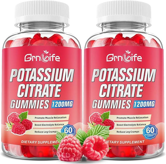 2 Pack Potassium Citrate Gummies, High Potassium Supplement Gummies 1200mg Support Leg Cramps & Muscle Health, Potassium Gummies for Adults & Kids, Vegan, Raspberry Flavor 120 Count