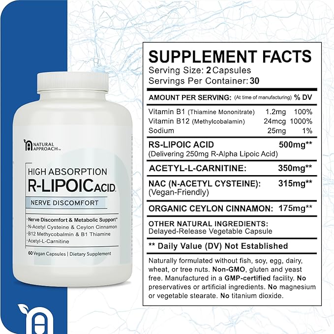 HIGH ABSORPION R-LIPOIC Acid - Supports Nerve Health - Tingling Fingers, Hands, Toes & Feet - Supports Healthy Aging, Cardiovascular Health & Overall Wellbeing* - 60 Vegan Capsules