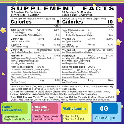 Magnesium Glycinate Gummies for Adults & Kids 4+, Sugar Free Magnesium Bisglycinate Supplement 400/200mg with B6D3, 5HTP, L-Theanine for Sleep & Relaxation, Brain, Muscle, Melatonin Free Gummies,1Pack