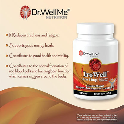 Irowell, The Power of Iron! Made with Ferrous Fumarate, Anion Ferrous Salt, 65mg, 100 Tablets, 100 Day Supply