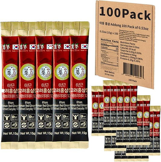 100 Pack of 0.53oz Korean Red Ginseng Extract Sticks - 6-Year-Old Ginseng for Optimal Benefits for You - Daily Upgrade - Perfect for Pre/Post Workout (100 Sticks of 0.53oz)