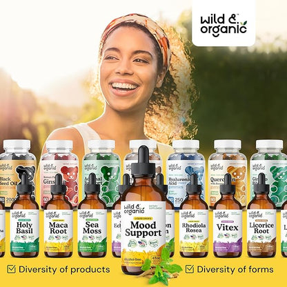Wild & Organic Mood Support Supplement - Natural Liquid Drops for Positive Energy - Calm Mind Supplement for Women and Men - Non-Alcohol Ashwagandha & Rhodiola Rosea Root Tincture for Good Mood - 4 oz