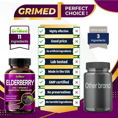 GriMed Elderberry 21,900mg - X15 Power with Zinc, Vitamin C, Quercetin, Bromelain - Immune Booster, Anti-Aging Properties - Made in USA (150 Count (Pack of 1))