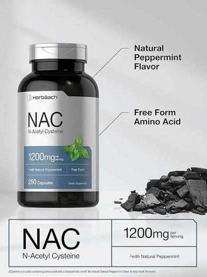 Horbäach NAC N-Acetyl Cysteine Supplement 1200mg | 250 Capsules | with Natural Peppermint | Non-GMO, Gluten Free