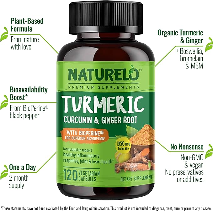 NATURELO Turmeric Curcumin - BioPerine for Better Absorption - Black Pepper, Ginger Root, Curcuminoids - Plant-Based Joint Discomfort Support - 120 Vegan Capsules