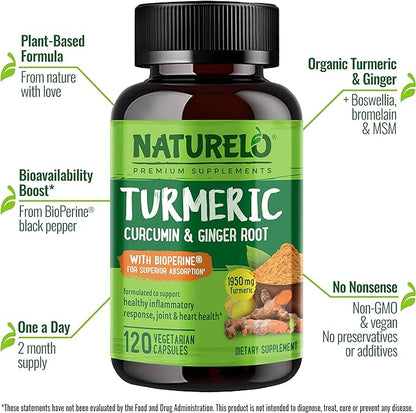 NATURELO Turmeric Curcumin - BioPerine for Better Absorption - Black Pepper, Ginger Root, Curcuminoids - Plant-Based Joint Discomfort Support - 120 Vegan Capsules