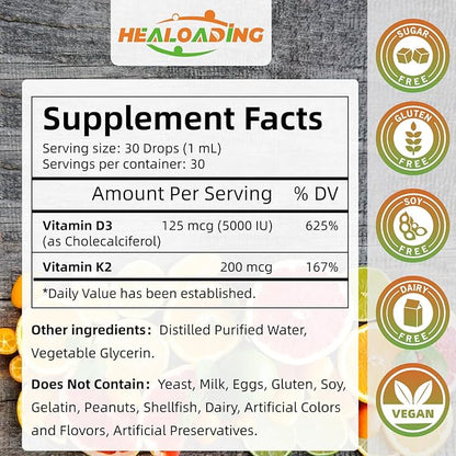 HEALOADING Vitamin D3 K2 Drops, Organic Plant D3 + K2, Vitamin D Liquid 5000 IU, K2 200 mcg Liquid K2 D3 Vitamin Supplements for Body’s Defenses, Faster Absorption, Healthy Bones and Immune Support