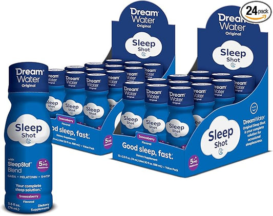 Dream Water Sleep Aid Supplement Drink; Melatonin 5mg, GABA, 5-HTP; Zero sugar, Natural flavors, No added colors, 2.5 oz liquid sleep shots, Snoozeberry, 24-Count
