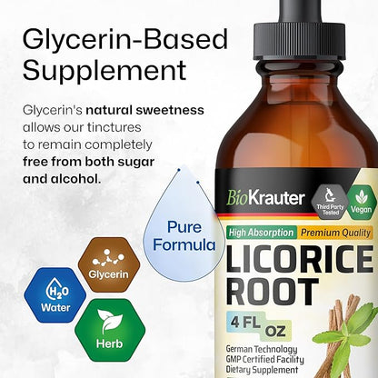 BIO KRAUTER Licorice Root Tincture - Licorice Root Extract for Digestive Support - Alcohol and Sugar Free - Vegan Drops 4 Fl.Oz.