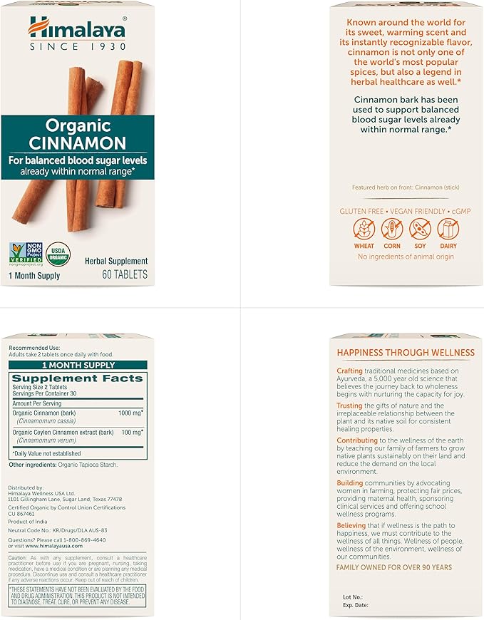 Himalaya Organic Cinnamon, for Glycemic Support, 1100 mg Daily, 60 Tablets, from Cassia Cinnamon Bark and Ceylon Cinnamon Extract, Non-GMO Project Verified, Vegan, Gluten Free Herbal Supplement