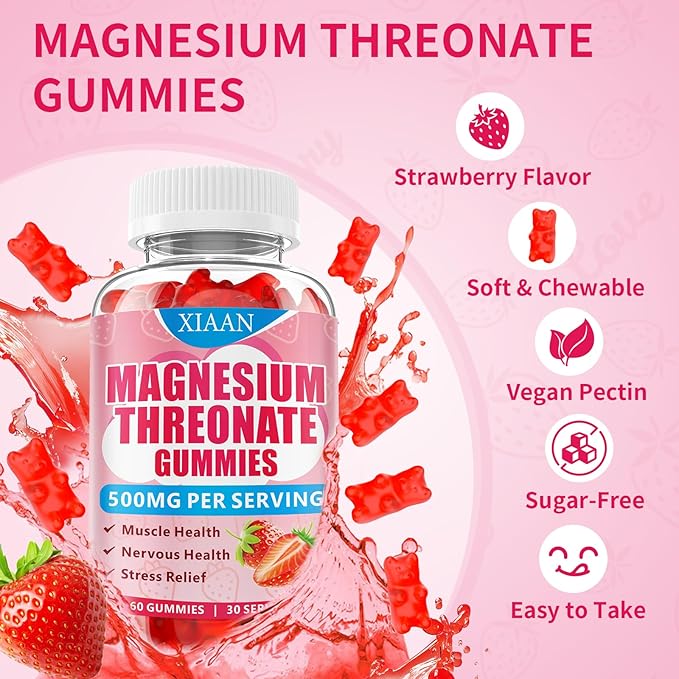 Magnesium L-Threonate Gummies 500mg, Suagr-Free Magnesium Threonate Supplement for Kids & Adults Muscle & Nervous Health Support, Strawberry Flavor 120 Count