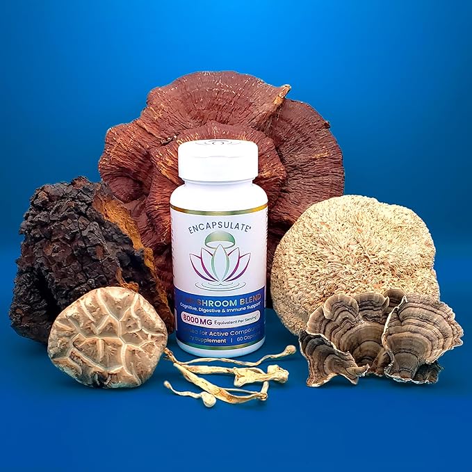 ENCAPSULATE 6 Mushroom Blend – Reishi, Chaga, Turkey Tail, Cordyceps, Lion’s Mane & Shiitake 8:1 Mushroom Extract – Nootropic & Adaptogen Mushroom Supplement for Gut, Brain & Immune Support - 60 Caps