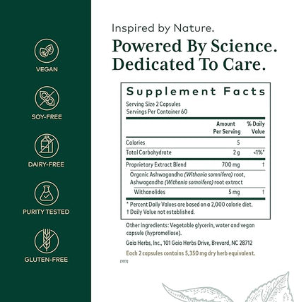 Gaia Herbs PRO Ashwagandha 700 - Healthy Immune Support Supplement* - Single-Herb Formula with Organic Ashwagandha - Vegan Gluten-Free Soy-Free - 120 Liquid Phyto-Caps (60 Servings)