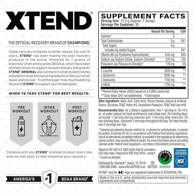 XTEND Original BCAA Powder 7g BCAA and 2.5g L-Glutamine, Sugar Free Post Workout Muscle Recovery Drink with Amino Acids for Men & Women, 30 Servings