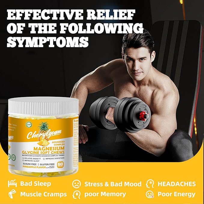 Magnesium Glycinate Soft Chews, Pineapple Flavor.Chewable Sugar Free Potassium Magnesium Chews with Magnesium Glycinate, Vitamin D, B6, and CoQ10 for Calm Support & Sleep for Adults, 60 Days Supply