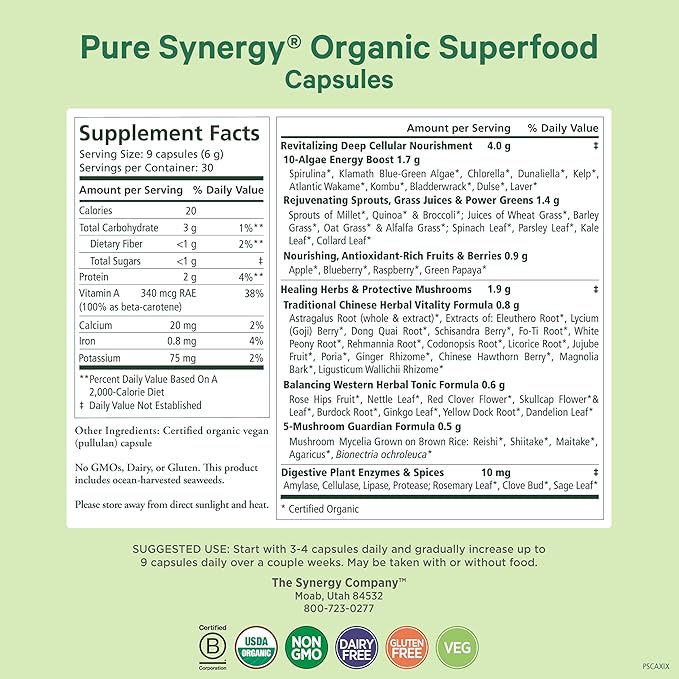 PURE SYNERGY Superfood Capsules | Organic Superfood & Greens Supplement | Whole Foods Like Super Greens, Spirulina, & Mushrooms | for Energy, Healthy Aging & Immune Health (270 Capsules)