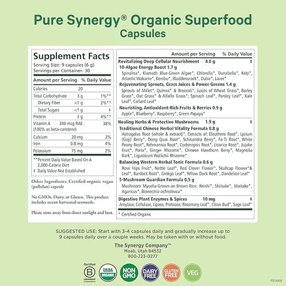PURE SYNERGY Superfood Capsules | Organic Superfood & Greens Supplement | Whole Foods Like Super Greens, Spirulina, & Mushrooms | for Energy, Healthy Aging & Immune Health (270 Capsules)