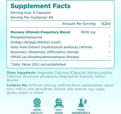 Phosphatidylserine Nootropics Brain Support Supplement - Advanced Memory Supplement for Brain Function Support with DMAE Gotu Kola and Ginkgo Biloba - Non-GMO Vegan & Made in The US (60+ Servings)