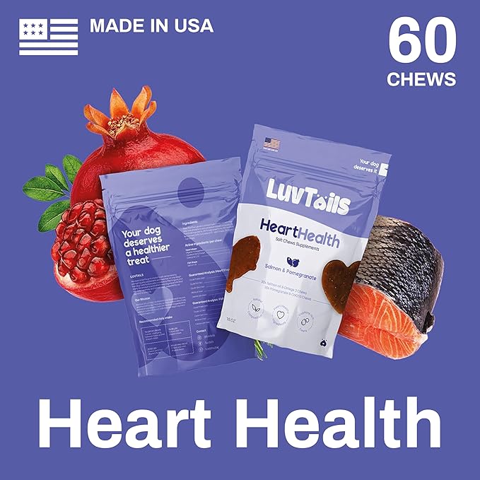 Heart Supplements for Dogs Omega 3 Chewable EPA DHA Dog Health Supplement with Salmon Oil, Pomegranate and CoQ10, 60 Chews