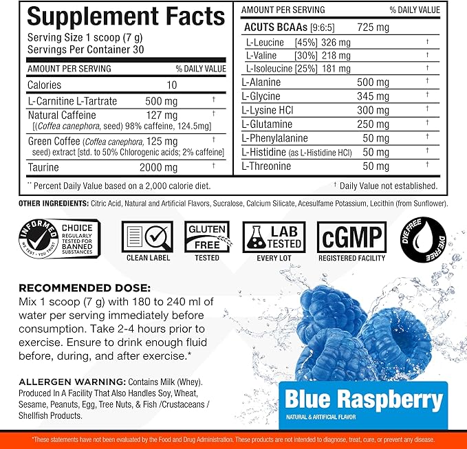 ALLMAX Nutrition AMINOCUTS (ACUTS), Amino-Charged Energy Drink with Taurine, L-Carnitine, Green Coffee Bean Extract, Blue Raspberry, 36 Servings