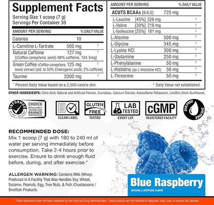 ALLMAX Nutrition AMINOCUTS (ACUTS), Amino-Charged Energy Drink with Taurine, L-Carnitine, Green Coffee Bean Extract, Blue Raspberry, 36 Servings