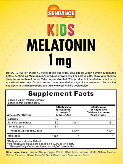 Sundance Kid's Melatonin Gummies 1mg | 40 Count | Cherry Flavor | Vegan, Non-GMO, and Gluten Free Supplement
