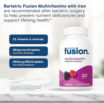 Bariatric Fusion Bariatric Multivitamin with Iron Complete Chewable | Mixed Berry | Post Bariatric Vitamins for Gastric Bypass and Sleeve Gastrectomy | One Month Supply