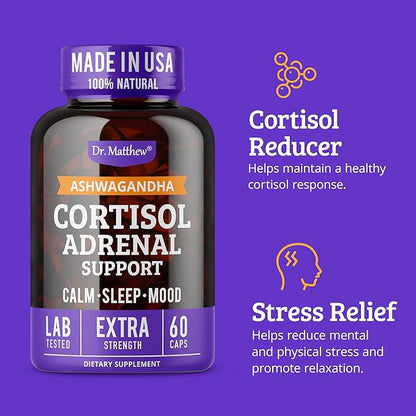 Dr. Matthew Cortisol Reducer Supplement for Women. Adrenal Support with Ashwagandha, Rhodiola & Ginseng – A Detox Cocktail to Lower Cortisol & Aid Relaxation, Calm and Restful Sleep