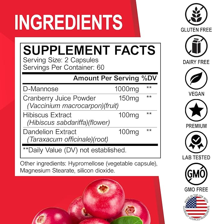 Kidney Cleanse & D Mannose Supplements - Kidney Detox Support Supplement, D-Mannose 500mg 1000mg Capsules - DMannose & Natural Cranberry to Support Kidneys, Bladder & Urinary Tract Health Supplements