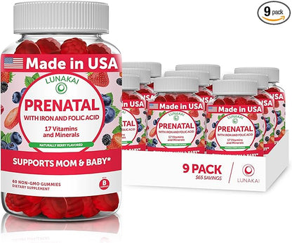 Prenatal Vitamins for Women with Iron & Folic Acid - Tastiest Proprietary Formula - Daily Pregnancy Multivitamin with VIT.A,B Complex, C,D,E,Zinc - Non-GMO Prenatal Vitamin Gummies for Women, 9 Pack