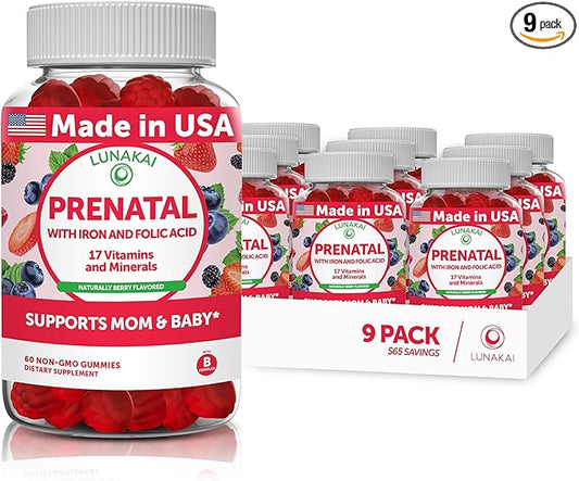 Prenatal Vitamins for Women with Iron & Folic Acid - Tastiest Proprietary Formula - Daily Pregnancy Multivitamin with VIT.A,B Complex, C,D,E,Zinc - Non-GMO Prenatal Vitamin Gummies for Women, 9 Pack
