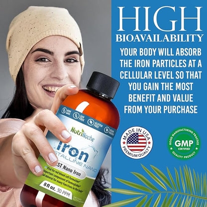 NutriNoche Liquid Iron Supplement - High Potency Sublingual Iron Drops - Vegan Iron - Flavorless - Crystalline Iron Supplement for Men, Women & Kids