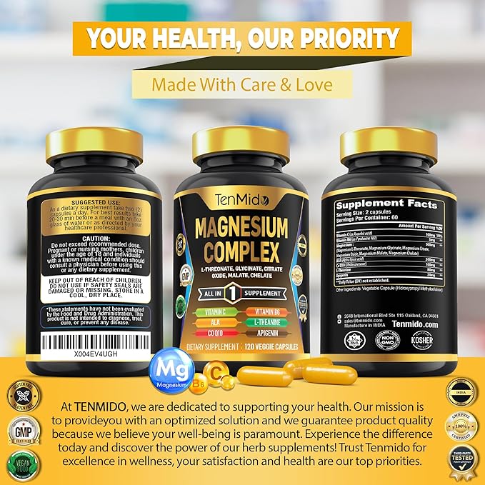 Magnesium Complex Supplement - 6 Types of Magnesium Glycinate, L-Threonate, Citrate, Oxide, Malate, Chelate - Combine with ALA, CoQ10, L-Theanine, Apigenin & More - 120 Capsules