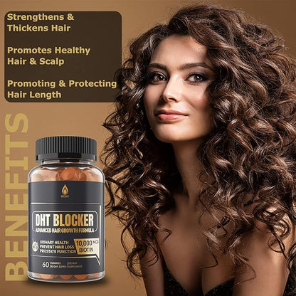 DHT Blocker Gummies Hair Growth Supplement, Super Potency Saw Palmetto & Biotin 10000 mcg for Women & Men, Plus 12 Proprietary Blend - Prevent Hair Loss, Blocking DHT Receptors, 2Pc/120ct