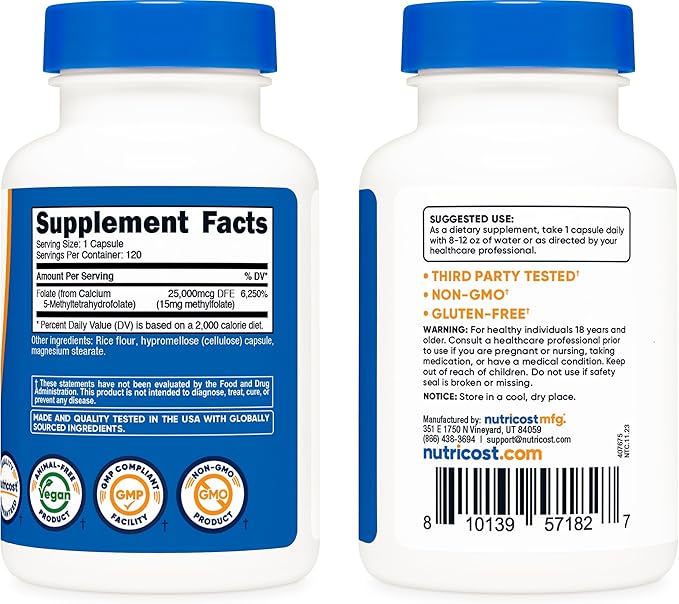 Nutricost L-Methylfolate 15mg, 120 Capsules (5-MTHF) - Vegan, Non-GMO, Gluten Free
