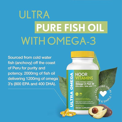 Noor Vitamins Halal Fish Oil, Halal Vitamins, Ultra Omega 3 Wild Peruvian Fish (800 mg EPA & 400 mg DHA) Heart, Brain & Joint Support, Non-GMO and Gluten Free (120 Count)