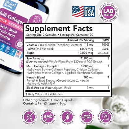 Collagen Peptides l Biotin l Keratin l Hyaluronic Acid l Saw Palmetto - Hair Growth Vitamins for Women and Men Supplement - Dht Blocker Supplements 90 Capsules USA Made