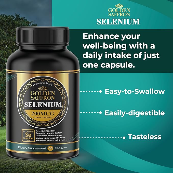 Golden Saffron Selenium (200mcg Selenium & 88.5 mg Saffron Extract) - to Support Overall Health, Non-GMO, Gluten Free, Dairy Free, with Unique and Advanced Formula – Made in USA & Tasteless.