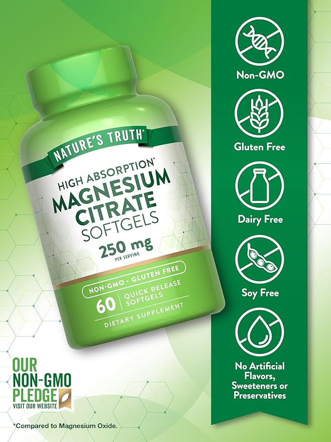 Nature's Truth Magnesium Citrate Softgels | 250mg | 60 Count | High Absorption | Non-GMO & Gluten Free Supplement