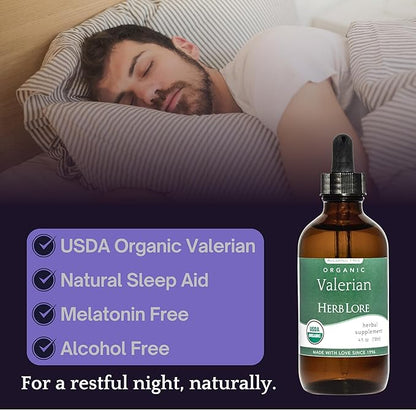 Herb Lore Valerian Root Tincture - Organic Liquid Extract Drops - Natural Herbal Sleep Aid for Kids & Adults - Alcohol Free (4 fl oz)