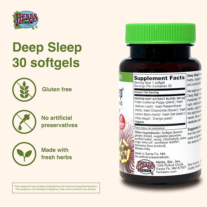 Herbs Etc. Deep Sleep Softgels - Herbal Sleep Support Supplement - Rest & Calming Support with Passionflower, Chamomile & Lemon Balm - 30 Softgels (30 Servings)