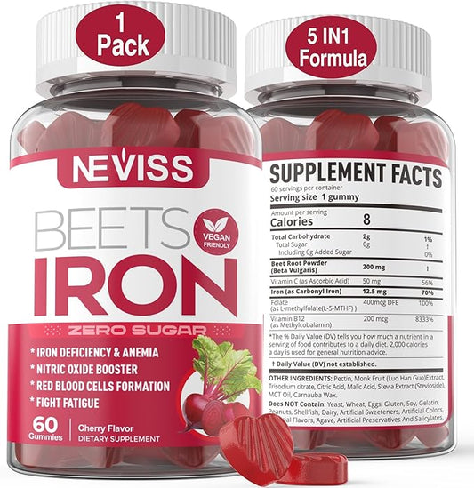 Beet Root Gummies with Iron, Methyl B12, Folate, Vitamin C, Increase Nitric Oxide & Iron Levels, Energy Support, Fight Fatigue, Beetroot & Gentle Iron Supplement for Women Men, Sugar Free, 60 Counts
